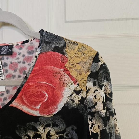 Y2K Vintage Silk Blend See-Through Lace Rose Floral Animal Print Vneck Top - Picture 3 of 5